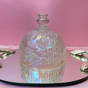 Vintage Imperial Glass Pink Iridescent Butter Dome Cover Victorian Rose Motif